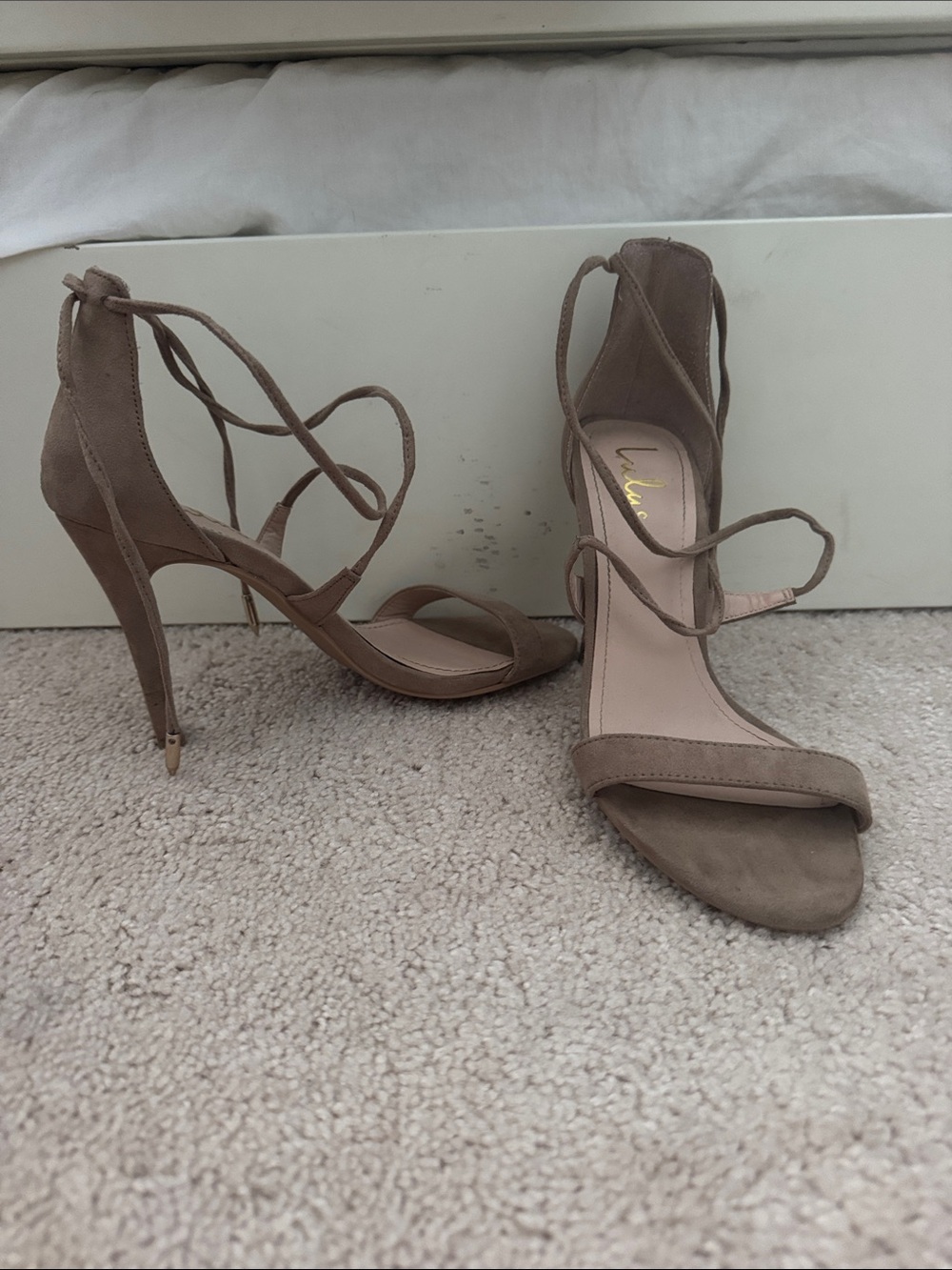 Lulu's Taupe Lace-Up Stiletto Heels